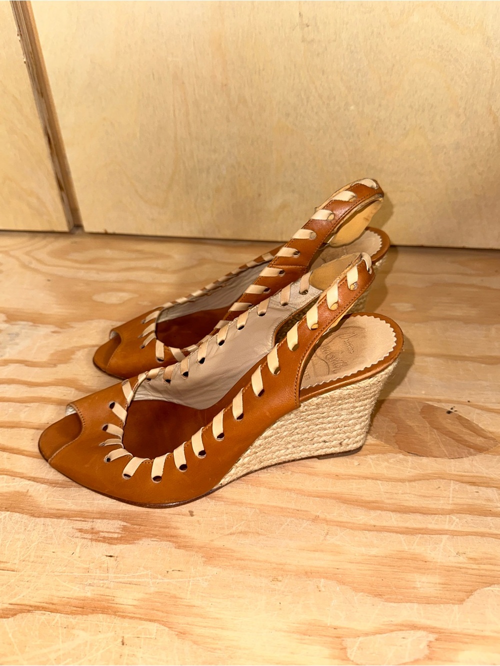 Christian Louboutin Tan Braided Peep-Toe Wedge Sandals - Picture 2 of 5